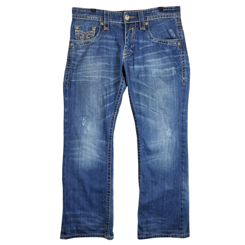 Rock Revival Roger Boot Cut Jeans Mens Size 34 Fits 36x31 Distressed Denim Read*